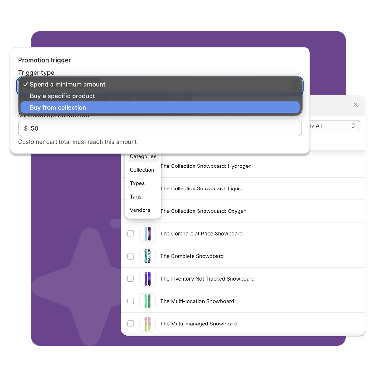 CartSprinkle flexible trigger options with spend minimum and product selection